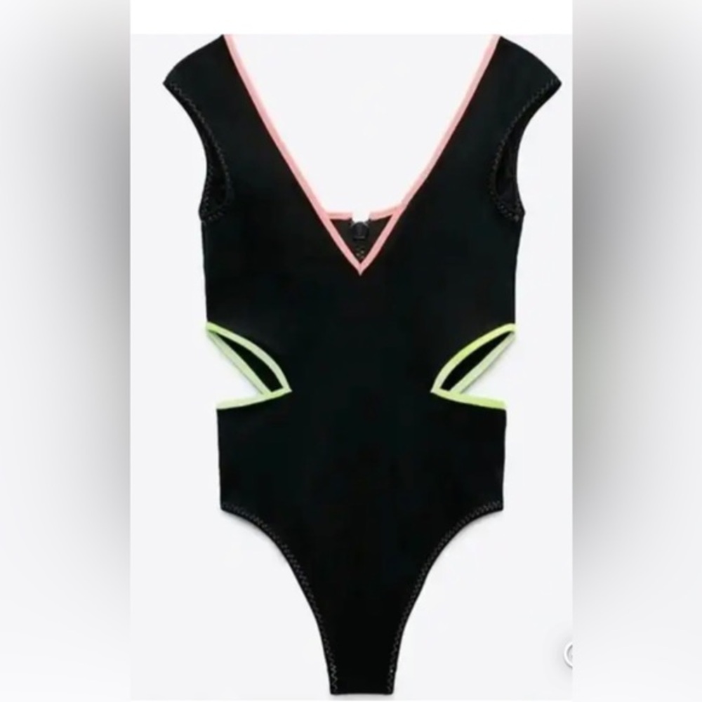 Zara black neon trim cut out front zip v-back one piece swimsuit size small new - Picture 5 of 8